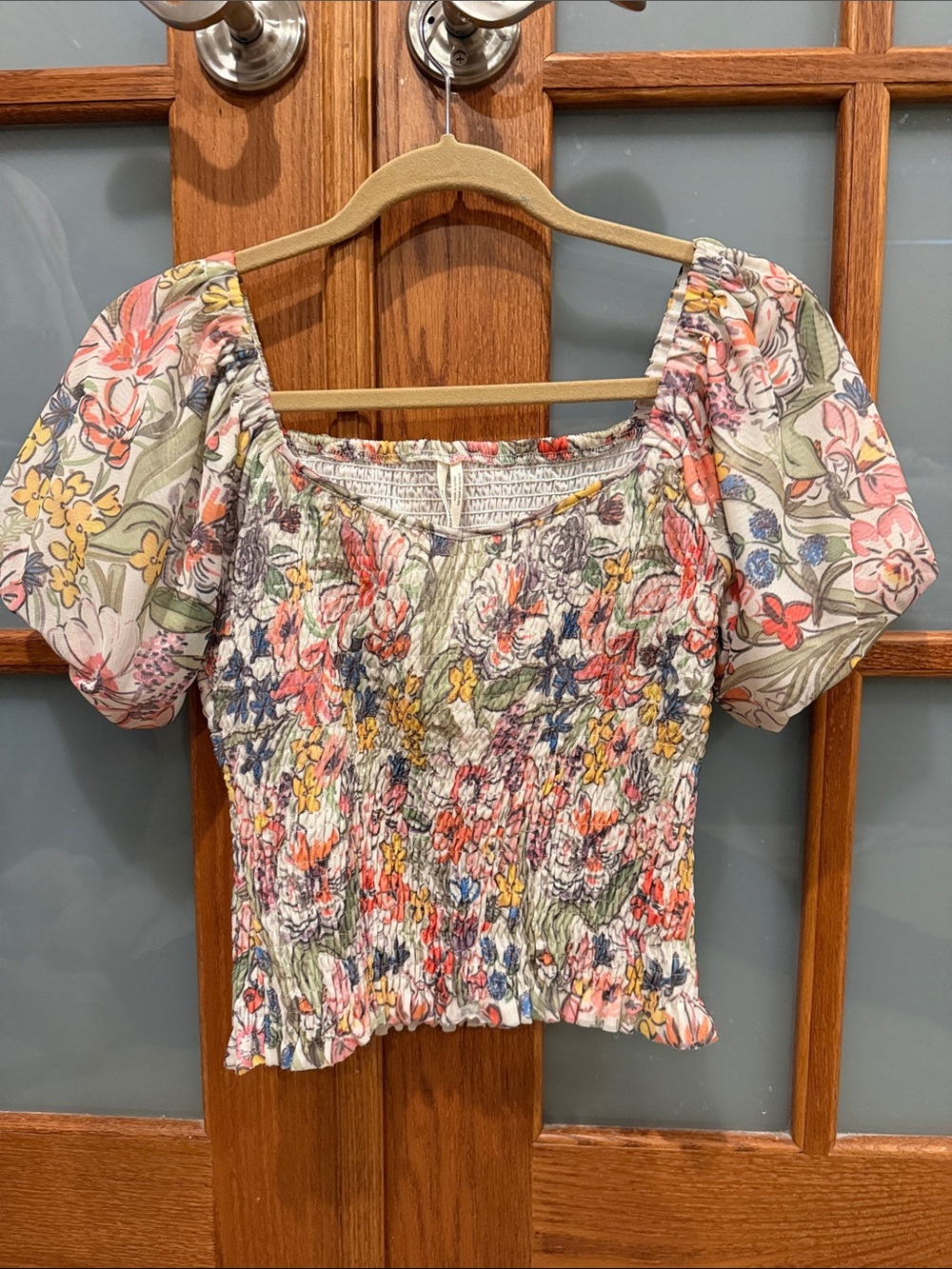 Anthropologie Multicolor Smocked Floral Puff-Sleeve Crop Top